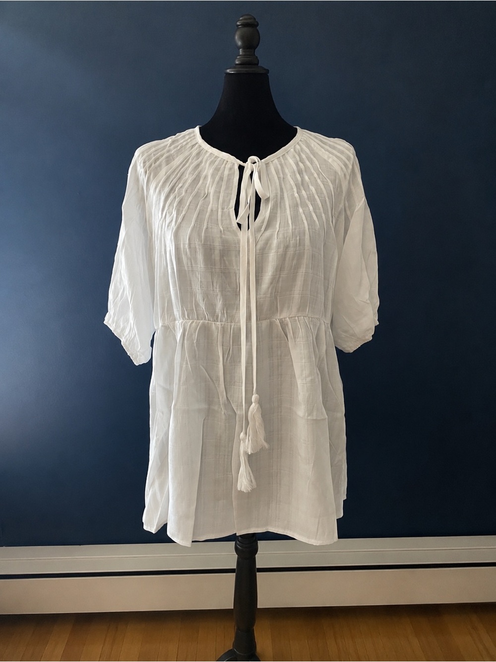White Gauze Peasant Tunic with Tassel Tie